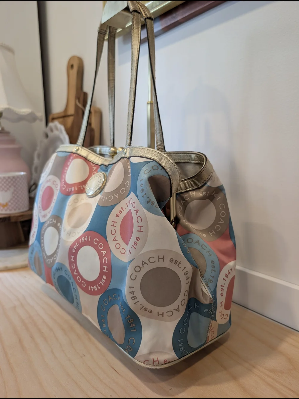 COACH Multicolor Circle Print “Est. 1941” Satchel with Gold Trim Tote Bag - Picture 4 of 16